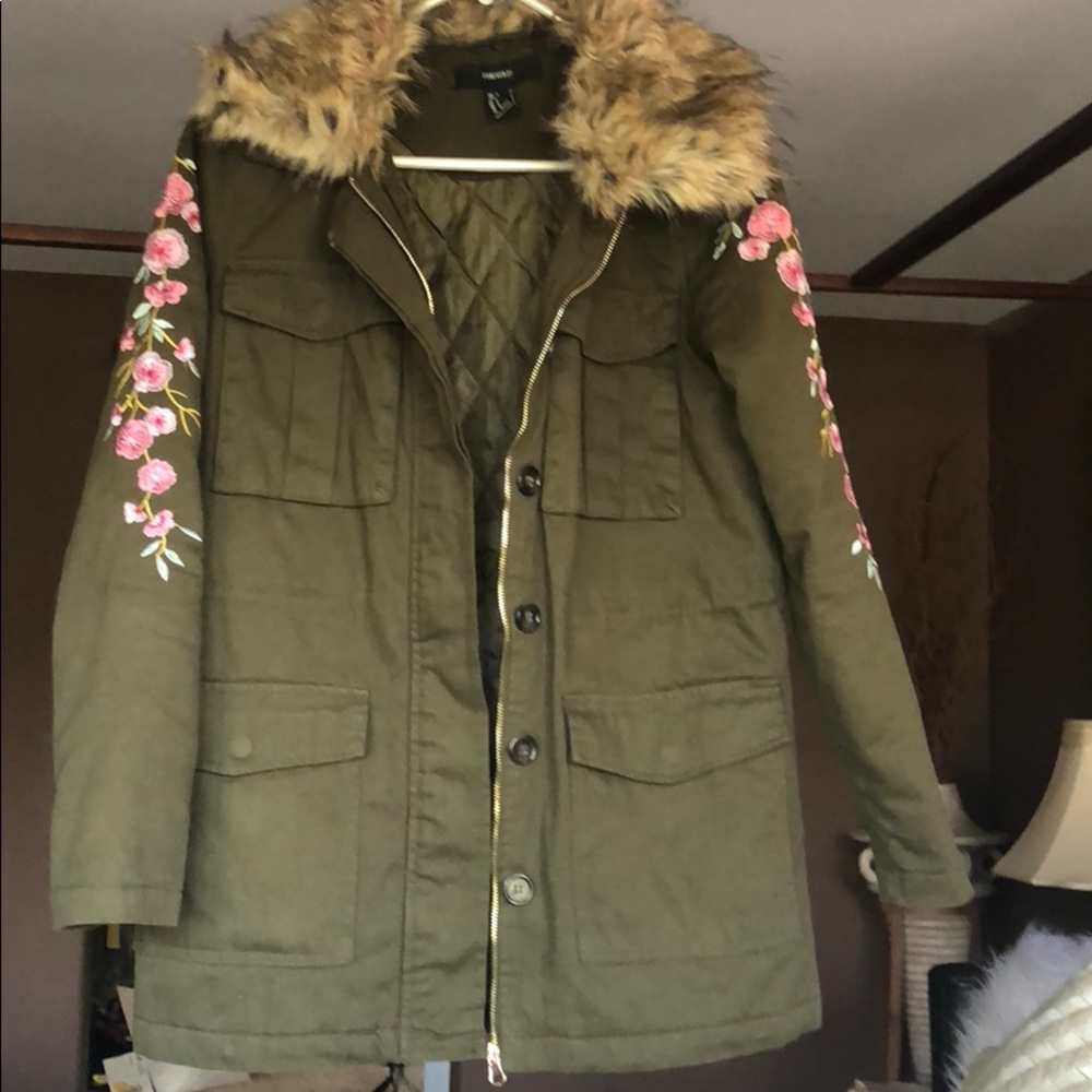 Green military style jacket w/flowers on sleeves